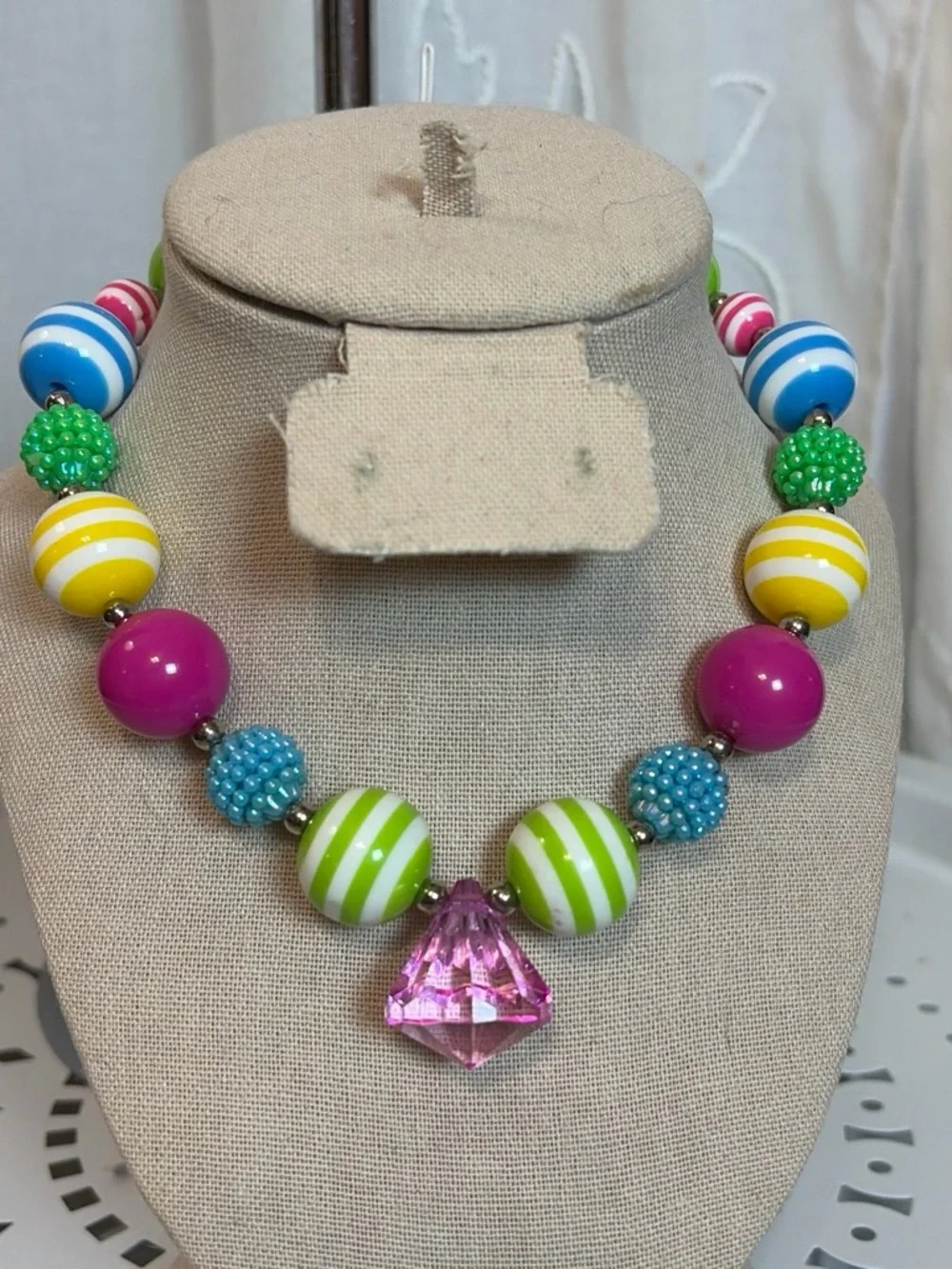 Colorful candy colors Striped Bead Necklace with Pink Crystal Pendant